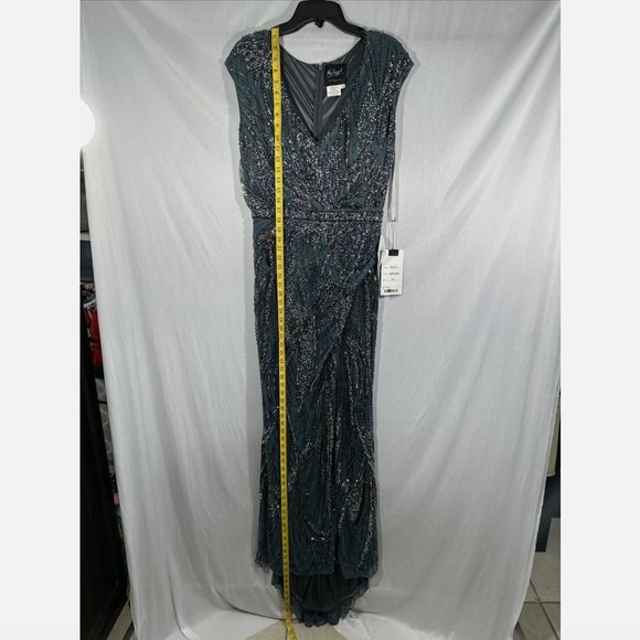 NWT $598 Mac Duggal [ 12 ] Intricate Beaded V-Neck High Slit Gown Charcoal #Q565 - Picture 3 of 16